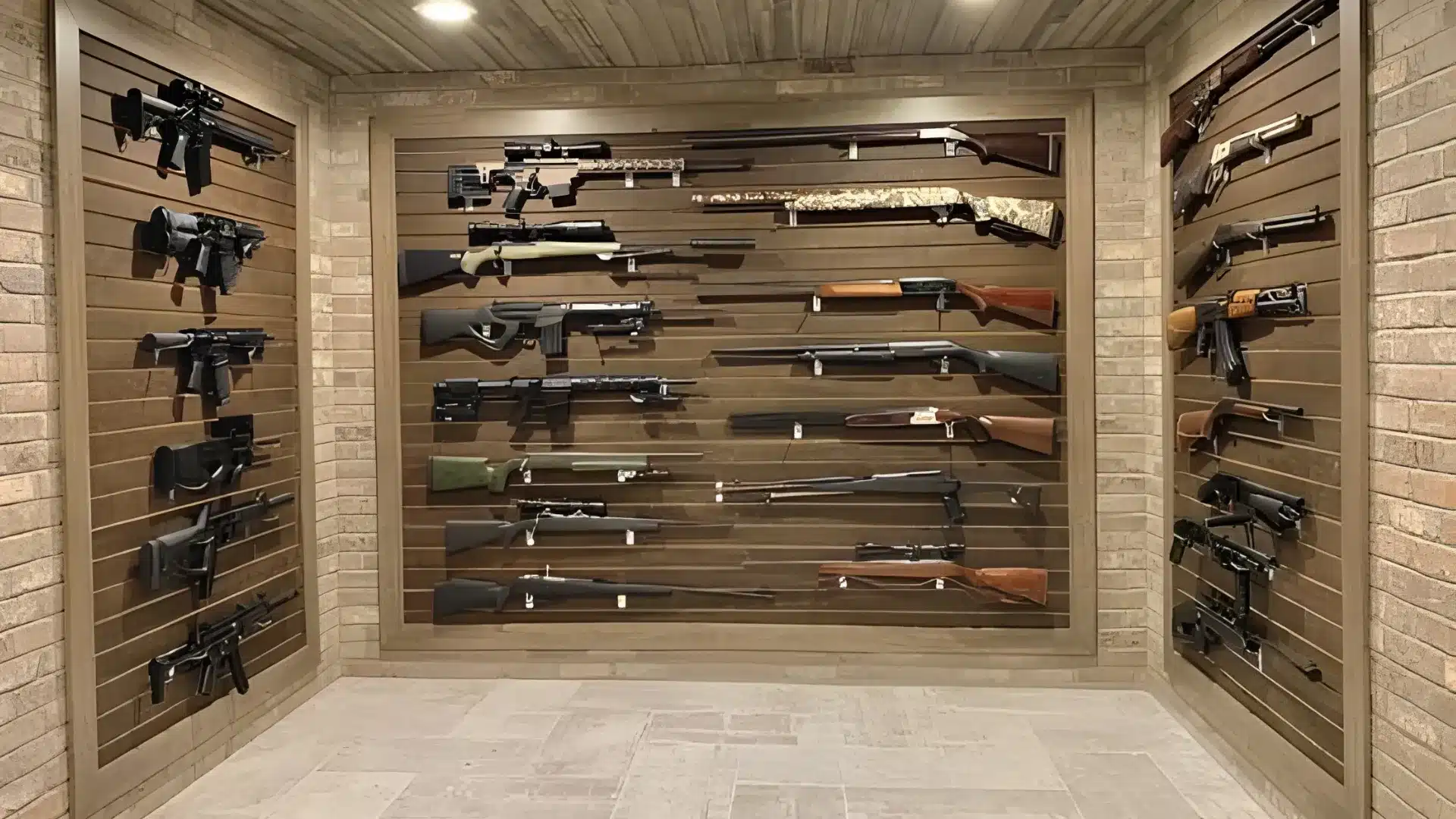 A collection of various rifles and firearms displayed on slatwall panels in a themed gun room