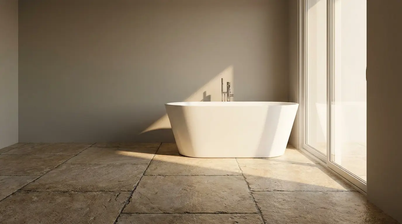 Freestanding white bathtub in a sunlit bathroom with stone tile flooring and large window