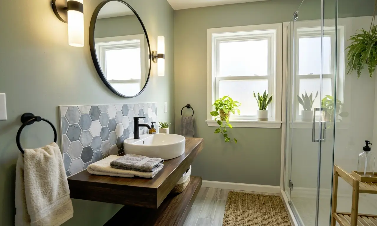 Modern bathroom with round mirror, vessel sink, and potted plants under natural light