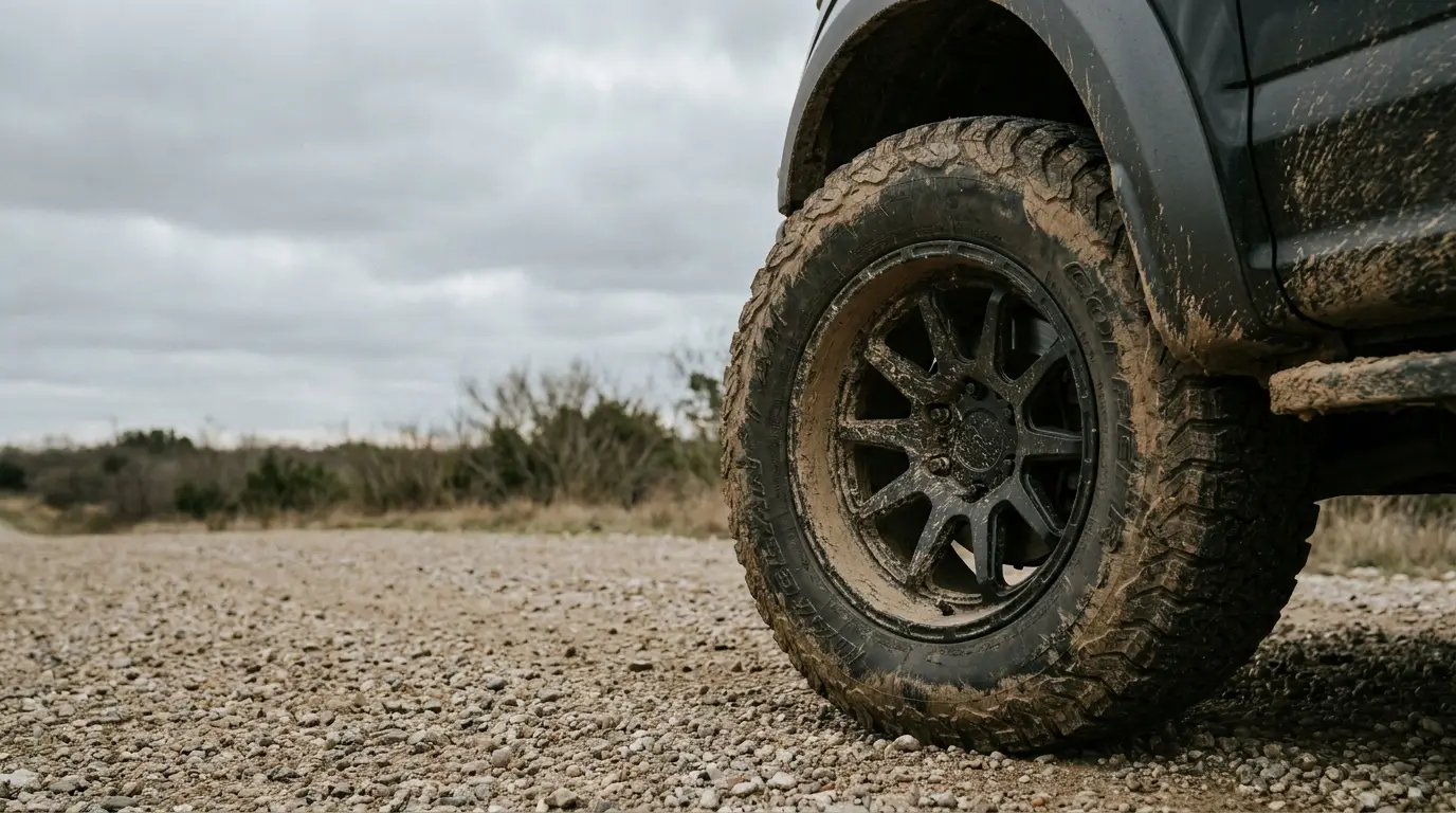 Muddy off-road tire on a gravel path with overcast sky in the background