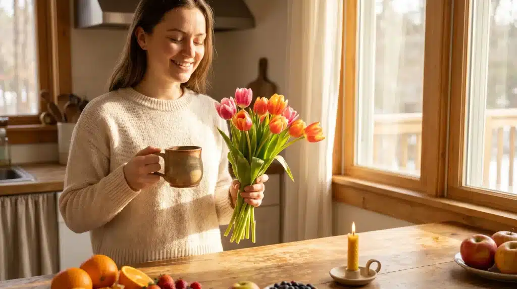 Woman holding tulips and mug in sunlit kitchen with wooden table and fruits