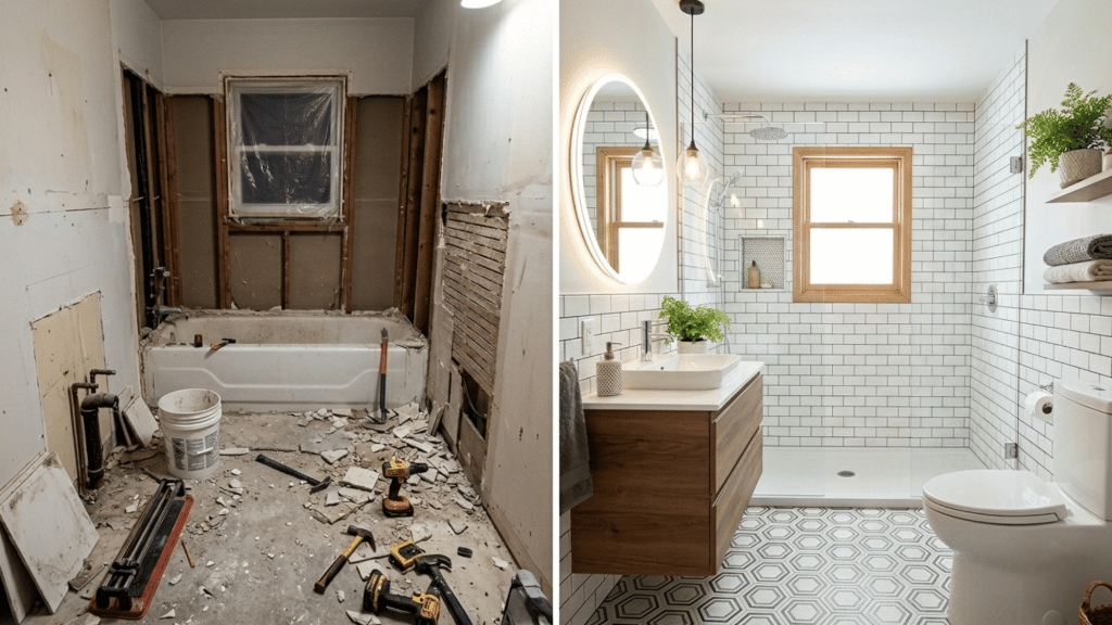 two grid collage showing renovation and renovated bathroom