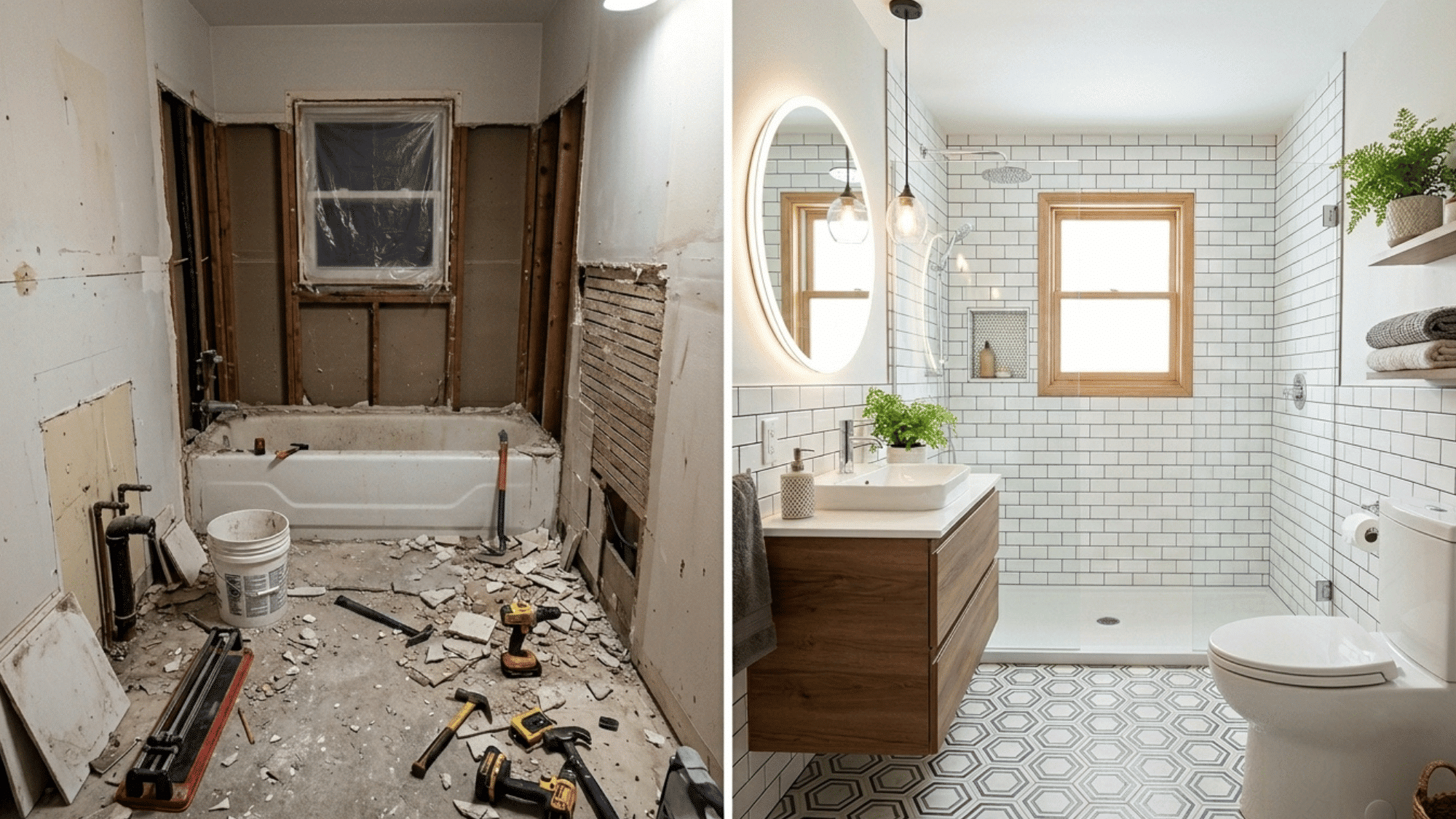 two grid collage showing renovation and renovated bathroom