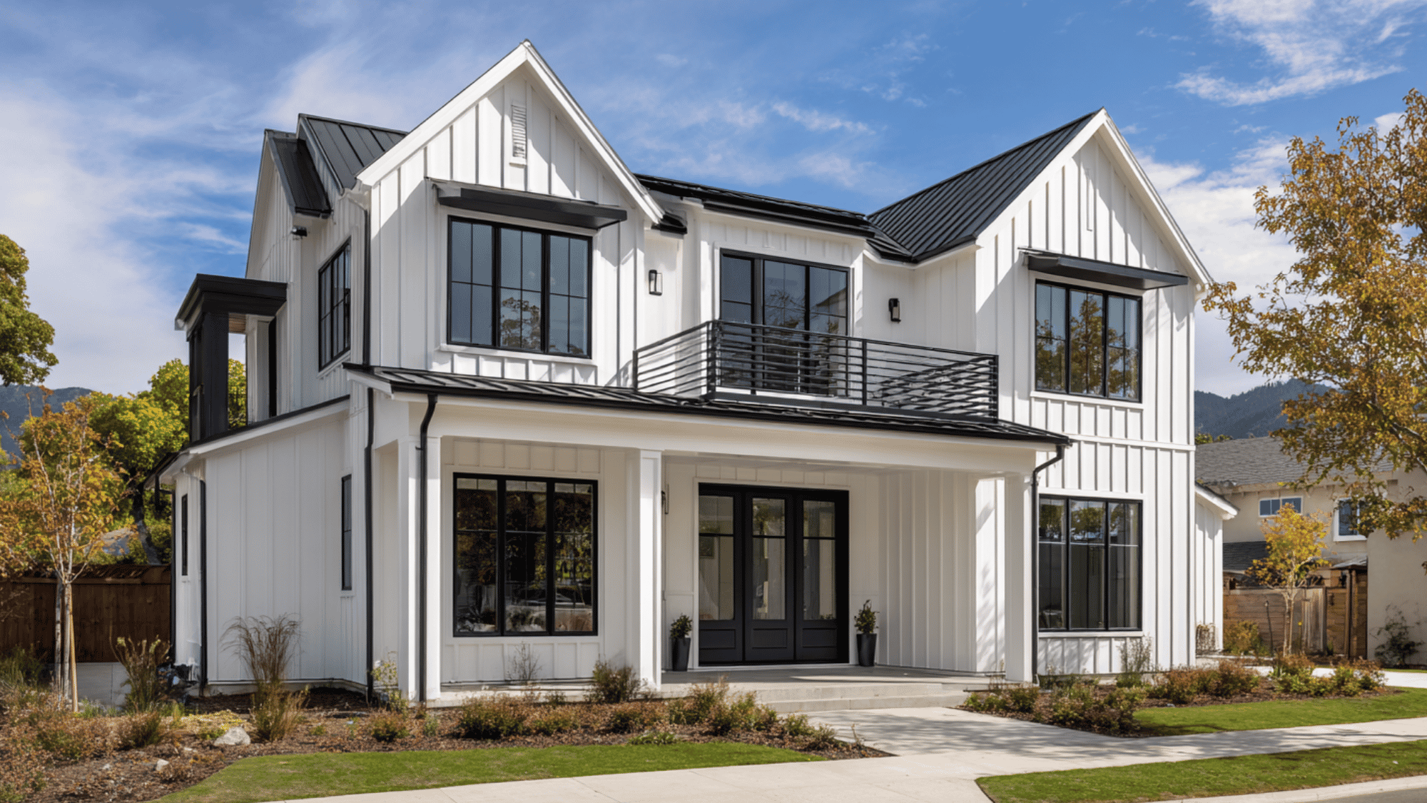 white farmhouse with black trim and modern board and batten exterior design