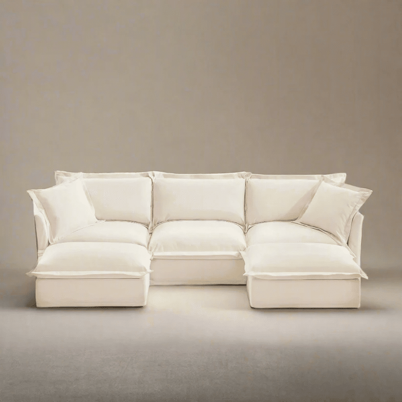Twoseventynine Fluffy 3‑Seat Chenille Sofa + 2 Ottomans — Cream