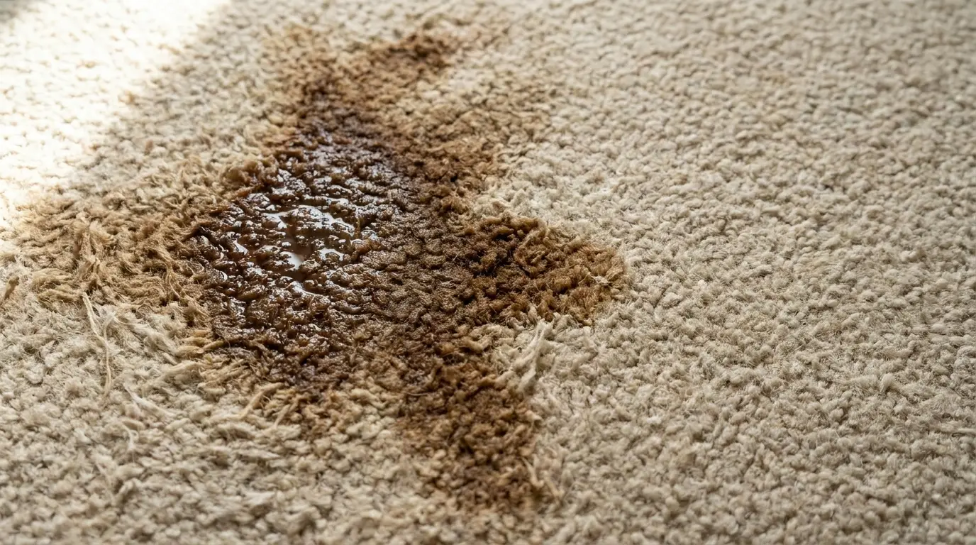 Brown liquid stain on beige carpet in bright natural light