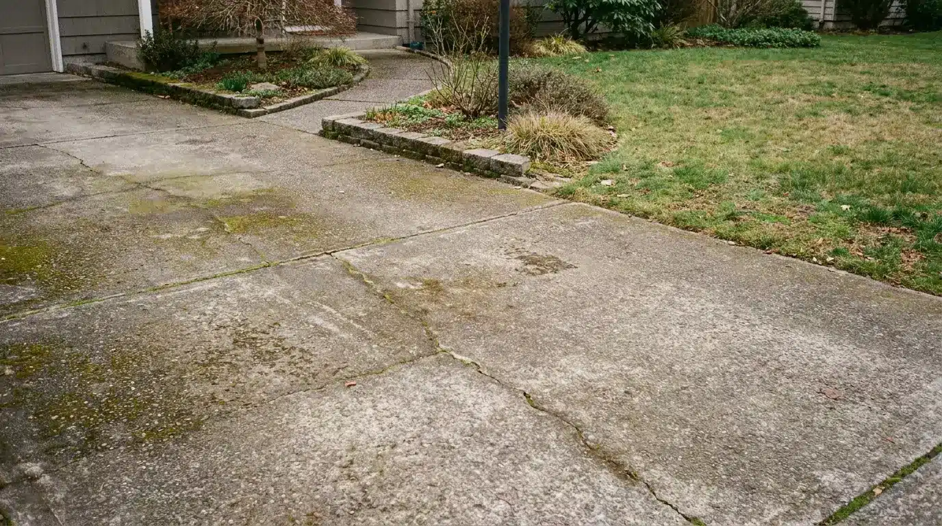 Weathered concrete driveway with some moss, bordered by grass and shrubs in a residential garden