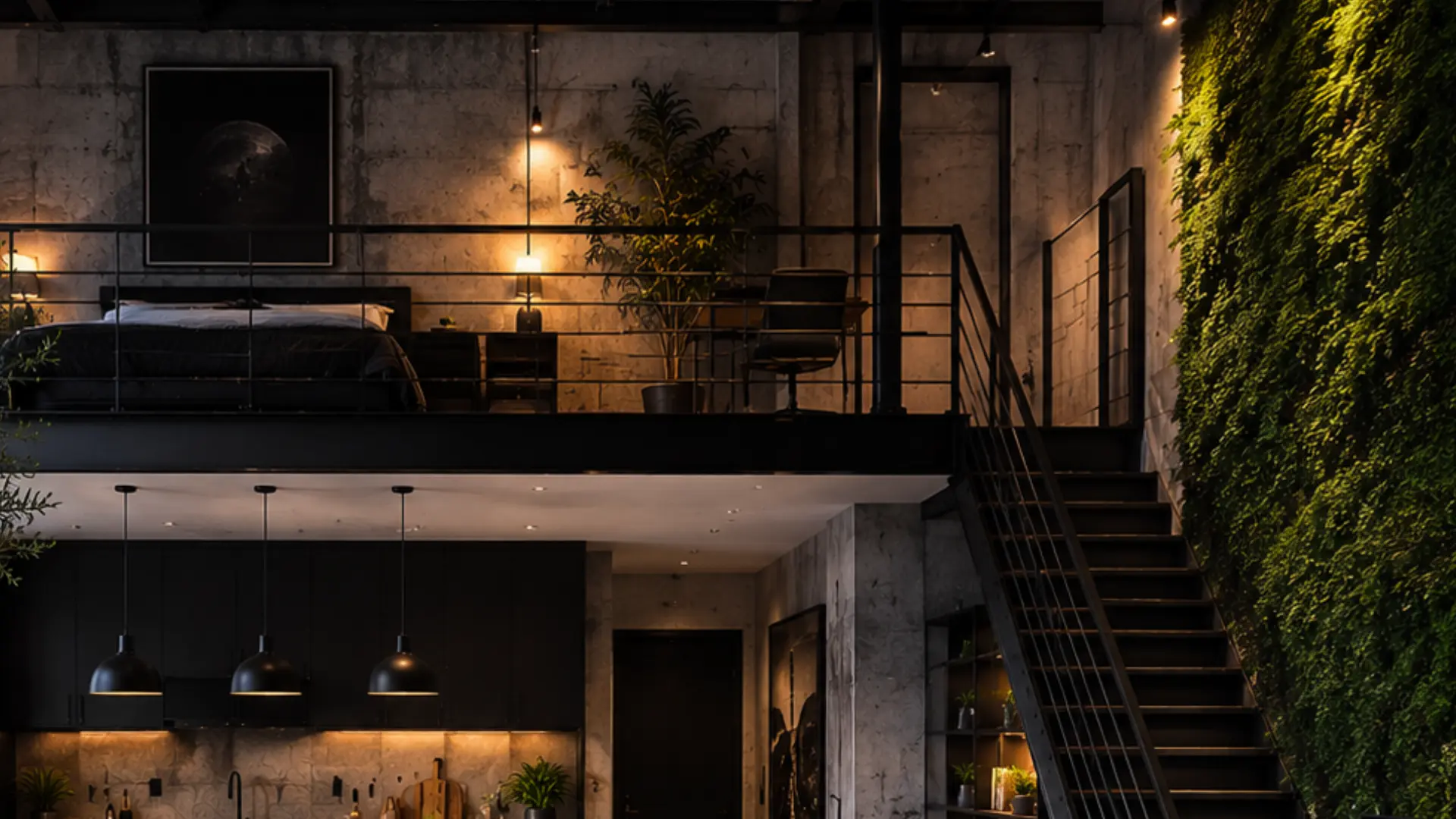 urban jungle industrial loft with moss wall large indoor olive tree concrete planters and exposed concrete walls