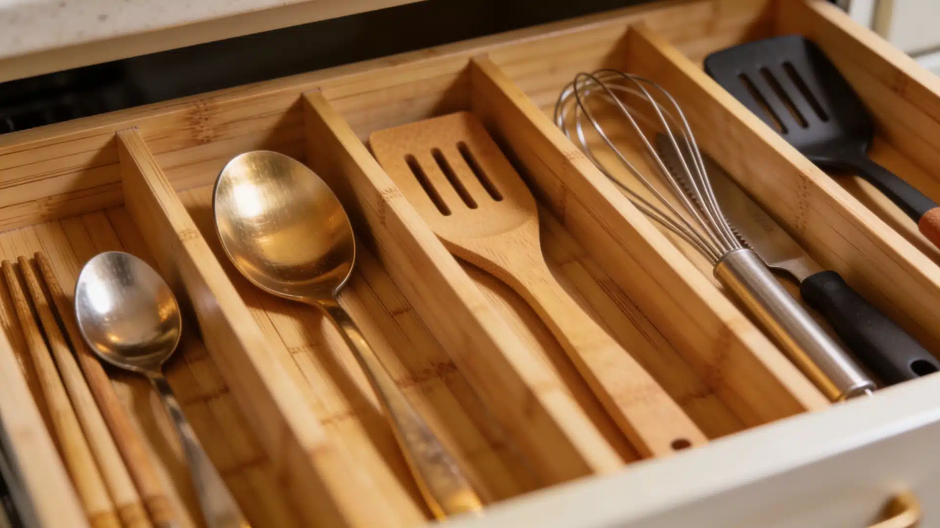Close-up of kitchen utensils, including spoons, chopsticks, a wooden spatula, a whisk, and a black spatula, neatly organized in a bamboo drawer divider.