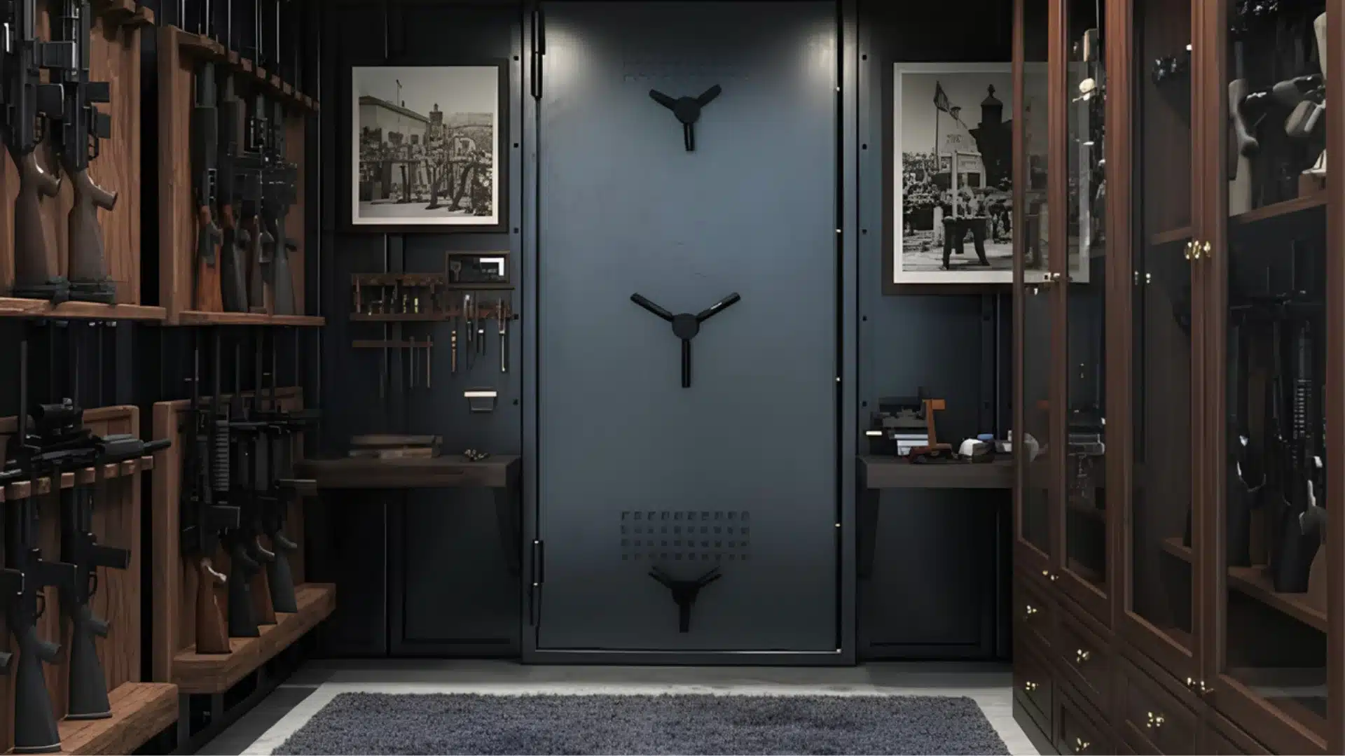 A gun vault interior featuring a large central safe door flanked by wooden shelving racks filled with rifles