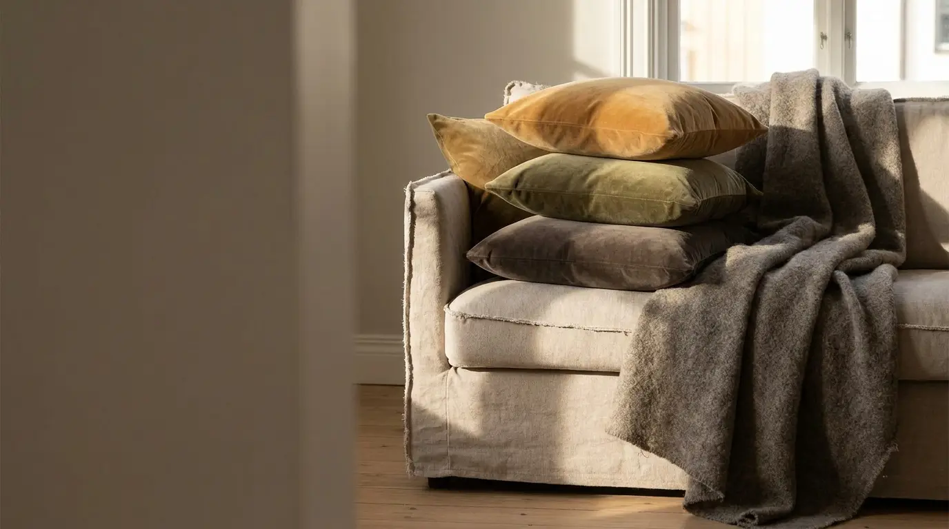 Cozy neutral sofa with stacked velvet pillows and soft wool blanket in sunlit living room