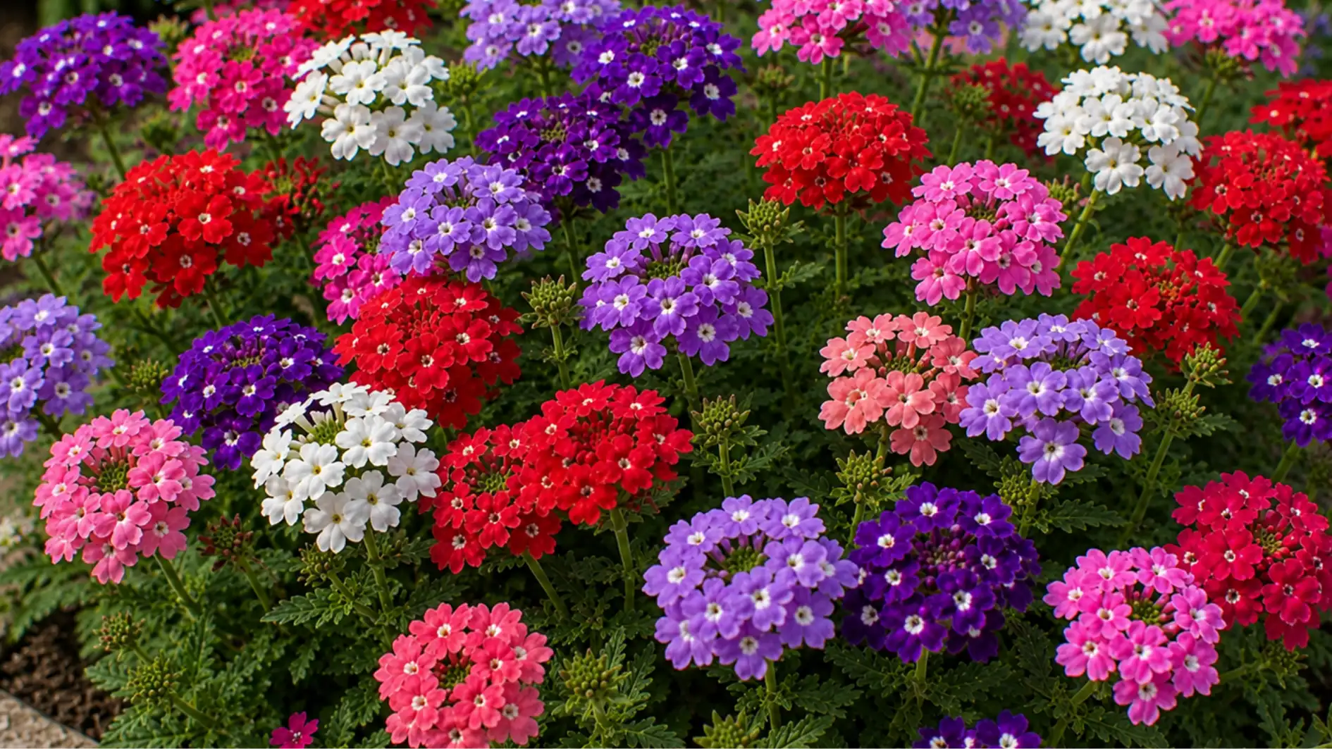 Close-up of colorful verbena flowers in shades of purple, pink, red, and white blooming in a sunny garden bed with lush green foliage.