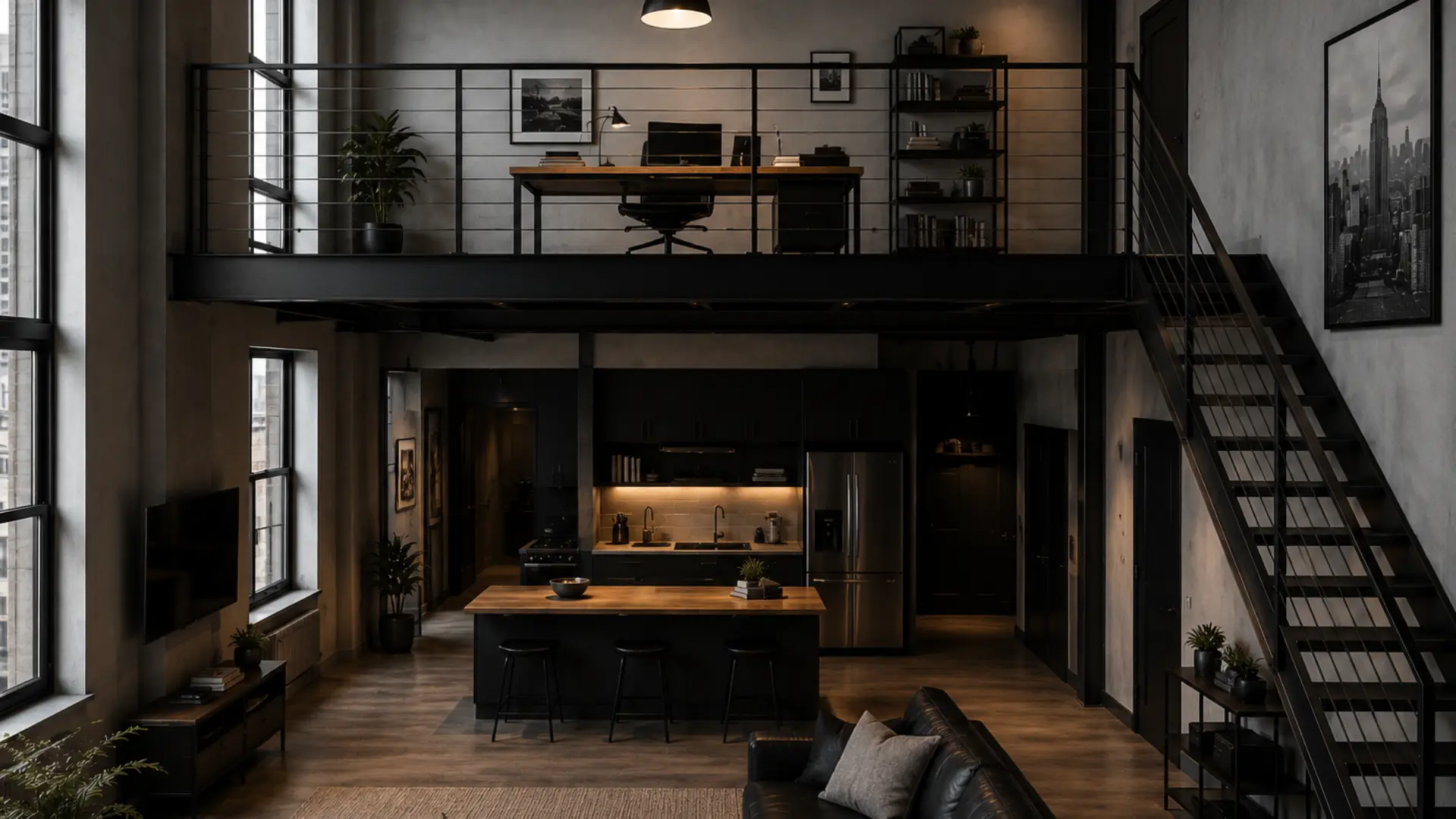 vertical loft with suspended workspace black steel railings floating desk and open industrial layout