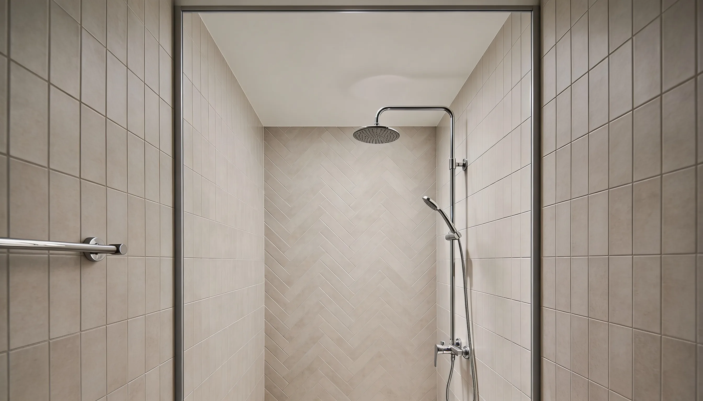 vertical tile pattern in small walk in shower to make ceiling look higher