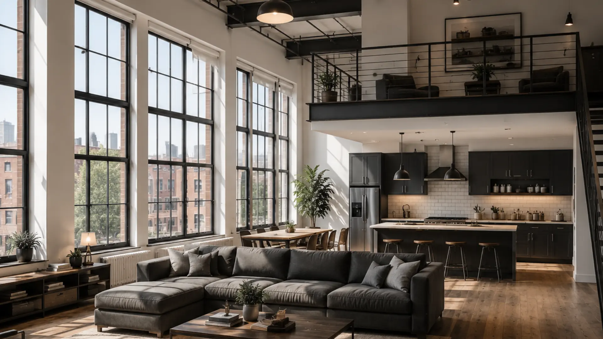 warehouse inspired loft with oversized black framed windows warm off white walls and open industrial interior