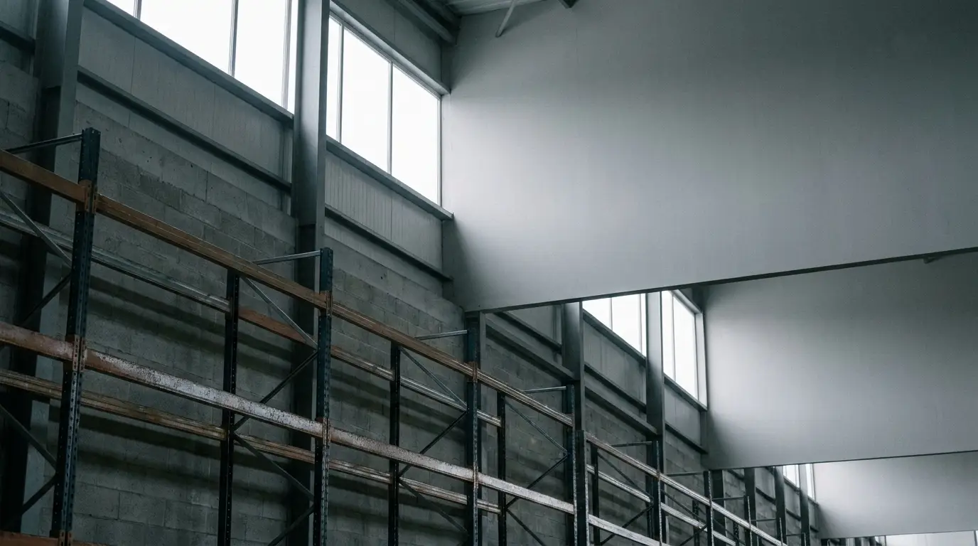 Empty warehouse interior with high windows and metal shelving under natural light