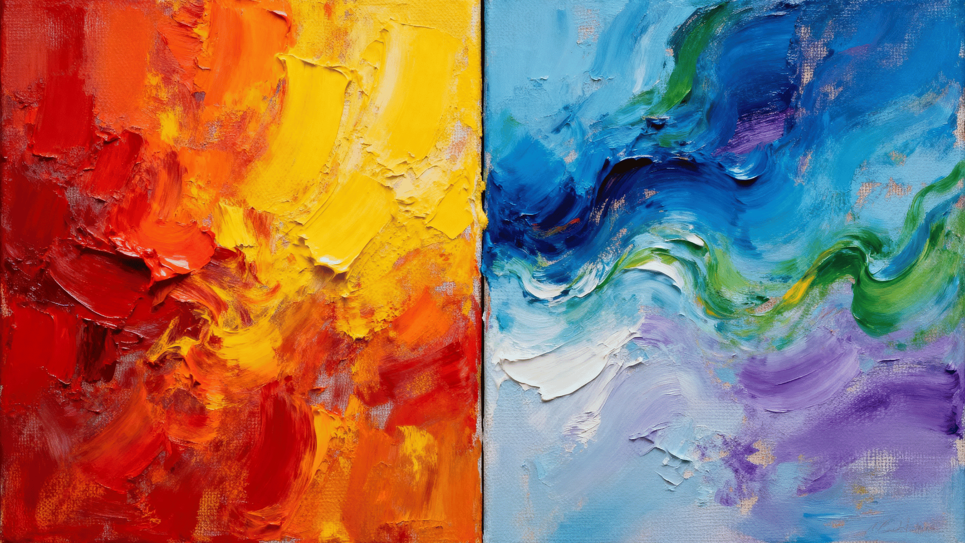 split acrylic painting on canvas comparing warm colors like red and orange with cool colors like blue and green using textured paint strokes.