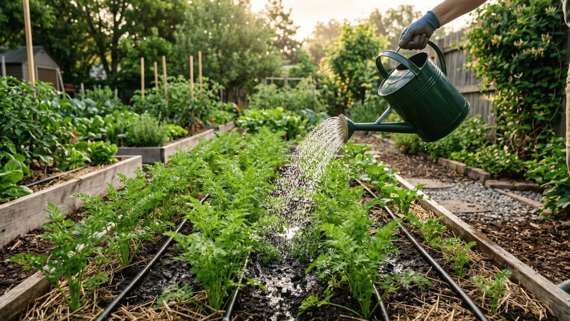 watering consistently into the roots of carrots