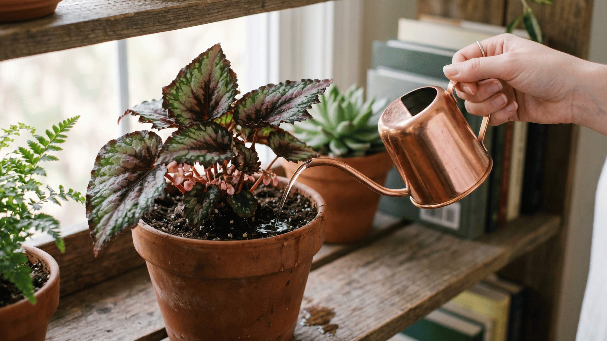 watering the begonia plant lightly