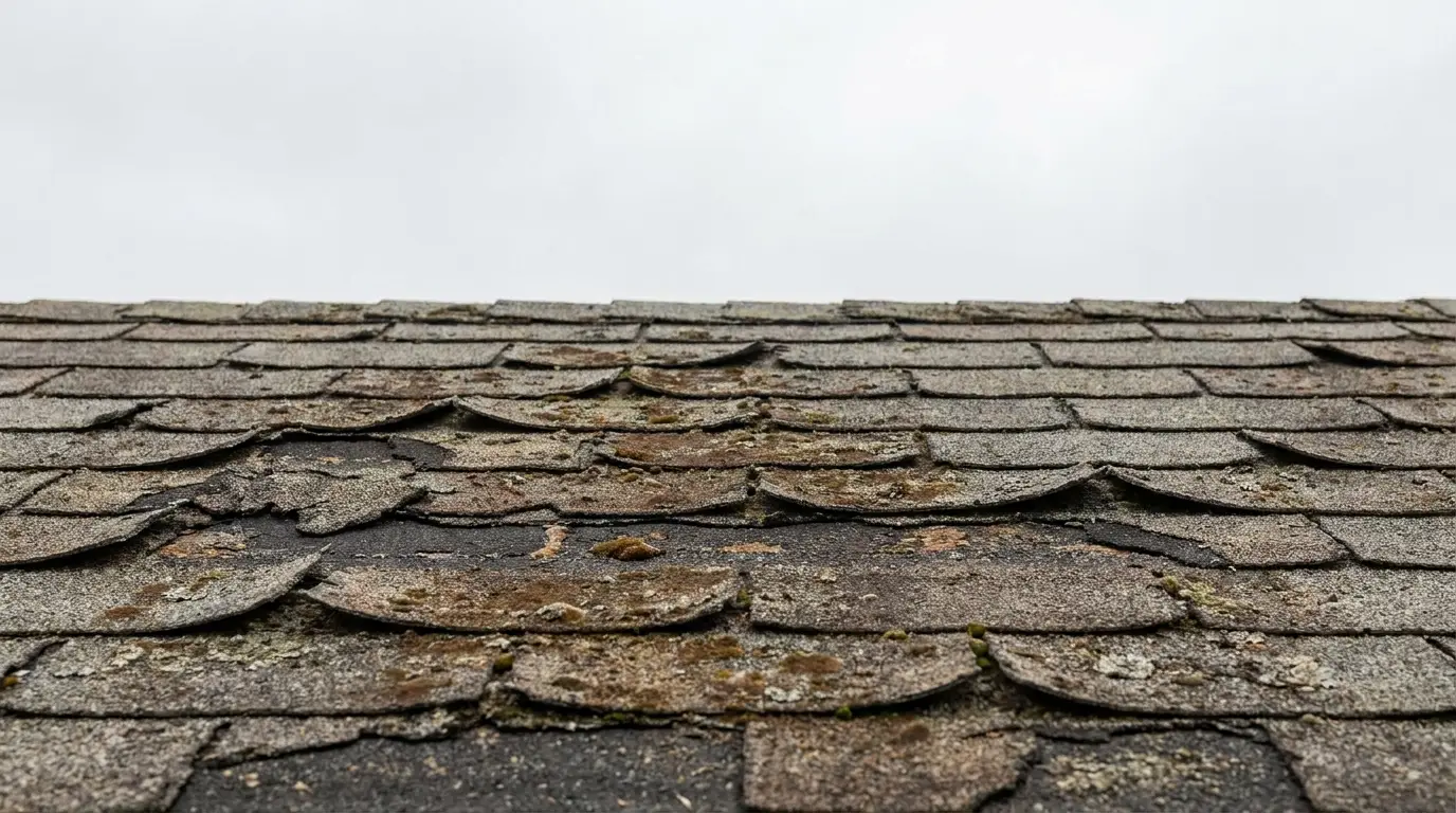 Weathered asphalt shingles with visible moss and deterioration on sloped roof under overcast sky