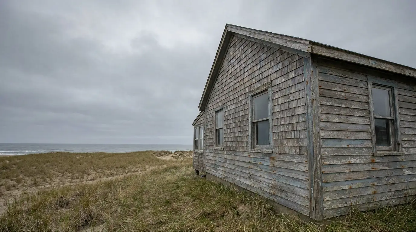 Weathered wooden cabin near grassy coastal dunes under overcast sky