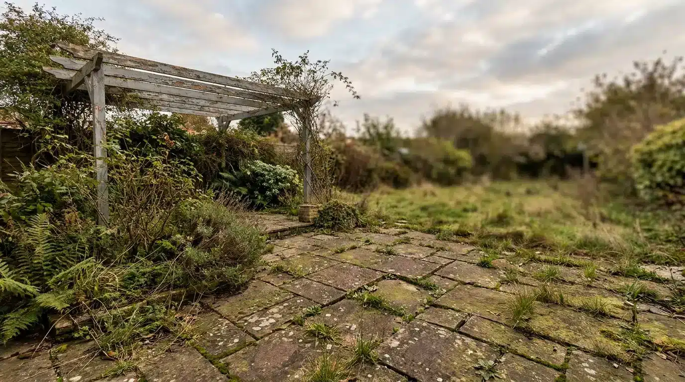 Overgrown garden with a wooden pergola and weathered stone pathway in natural light