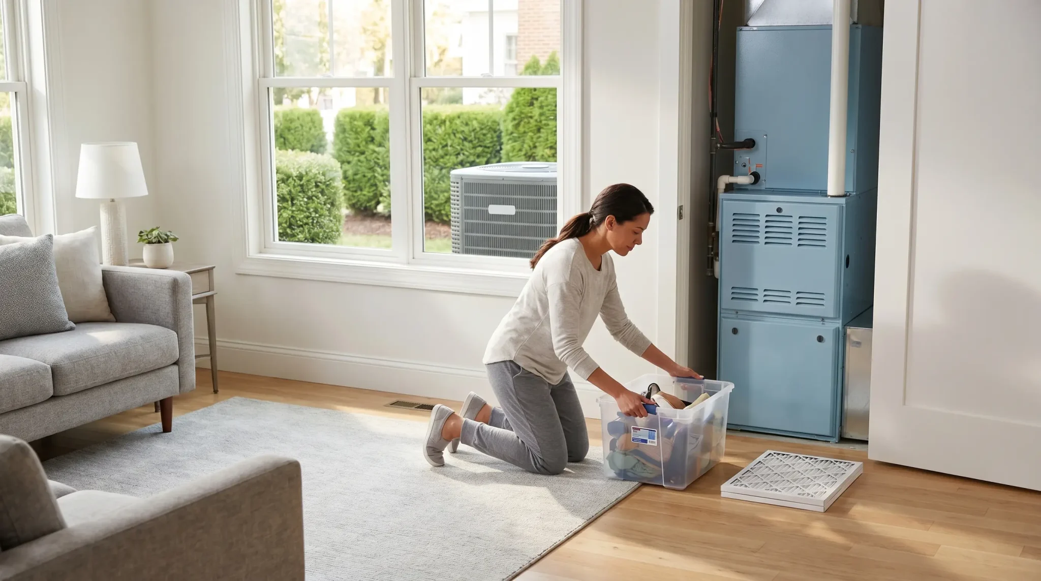 Woman organizing storage container near blue HVAC system in bright living room