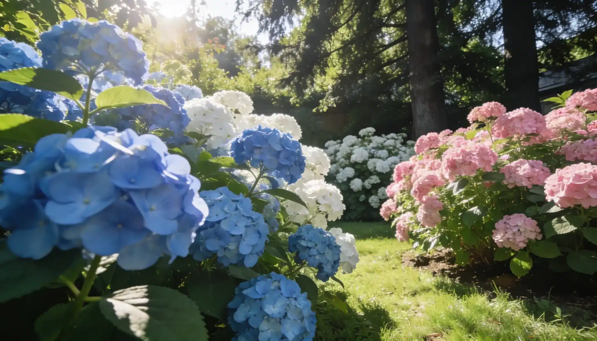 A garden scene featuring blue hydrangeas alongside bushes of white and pink hydrangeas under bright sunlight filtering through tall trees.