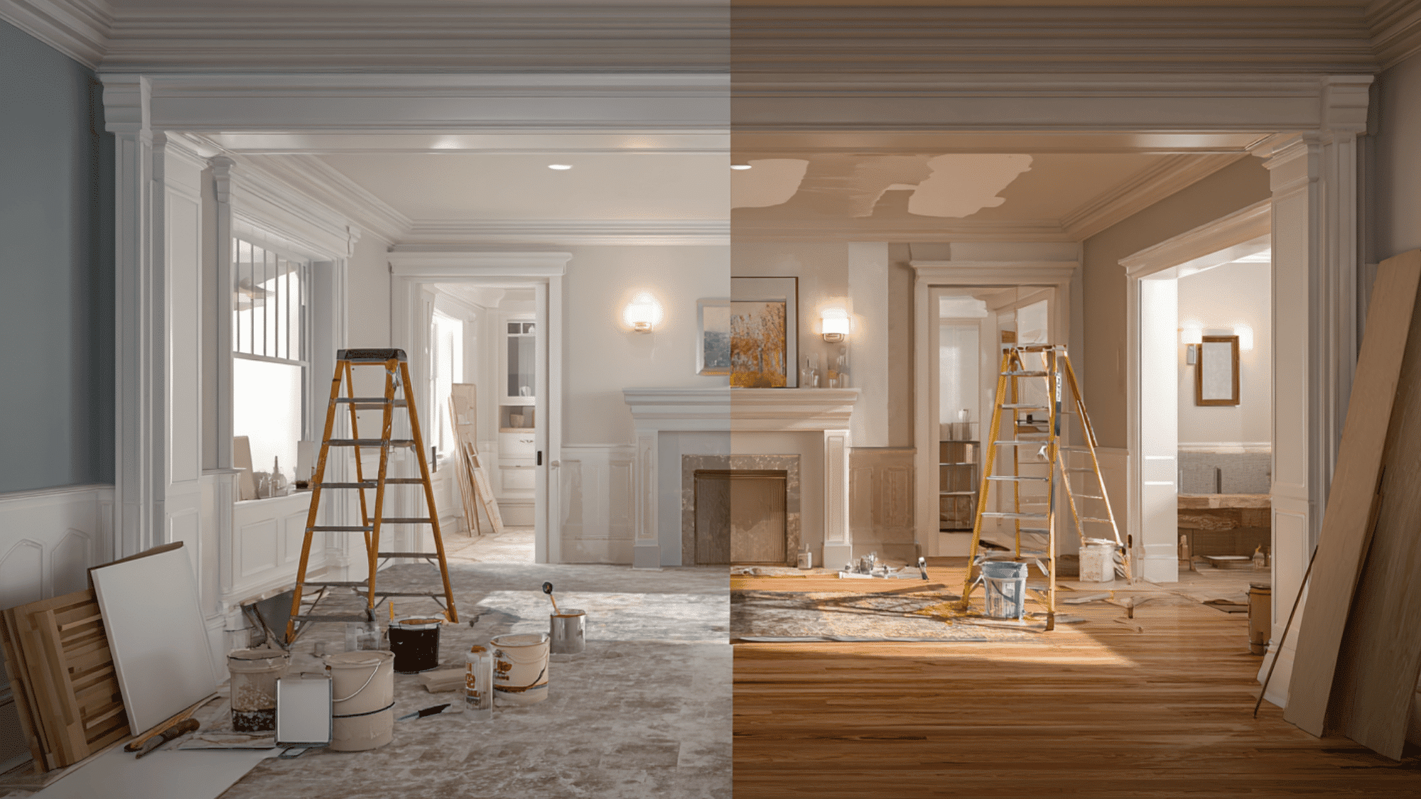 plaster vs drywall comparison showing classic plaster walls and modern drywall renovation interior scene