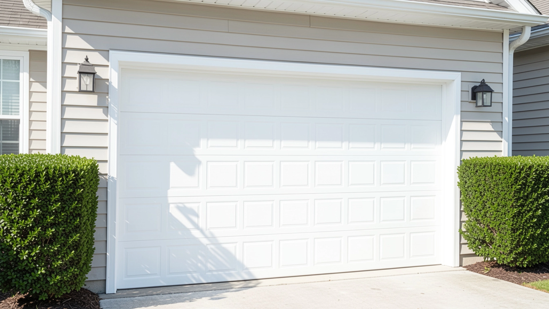 A white garage door with a matching white garage door opener installed above it