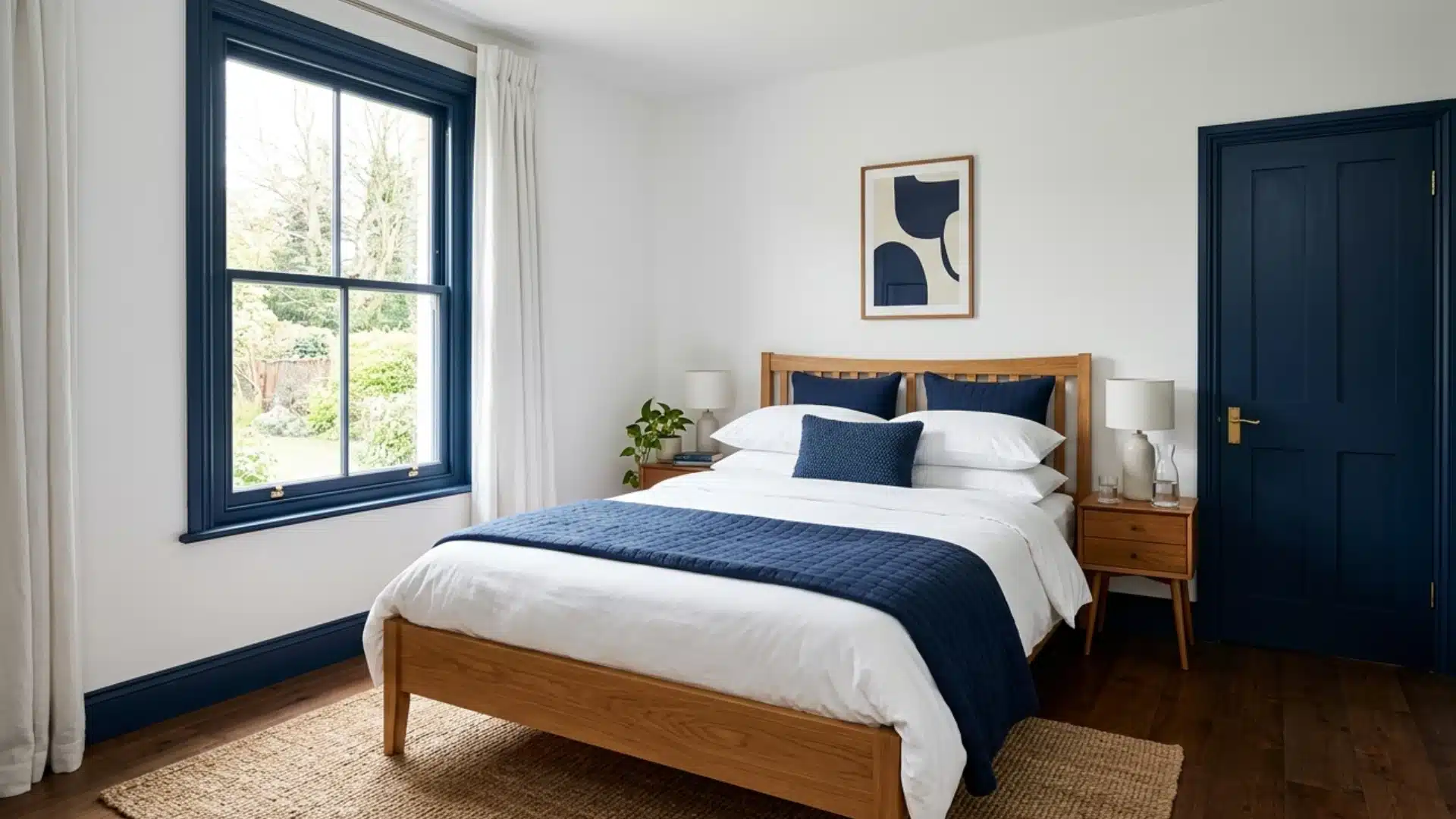 white-walls-and-blue-trim-bedroom