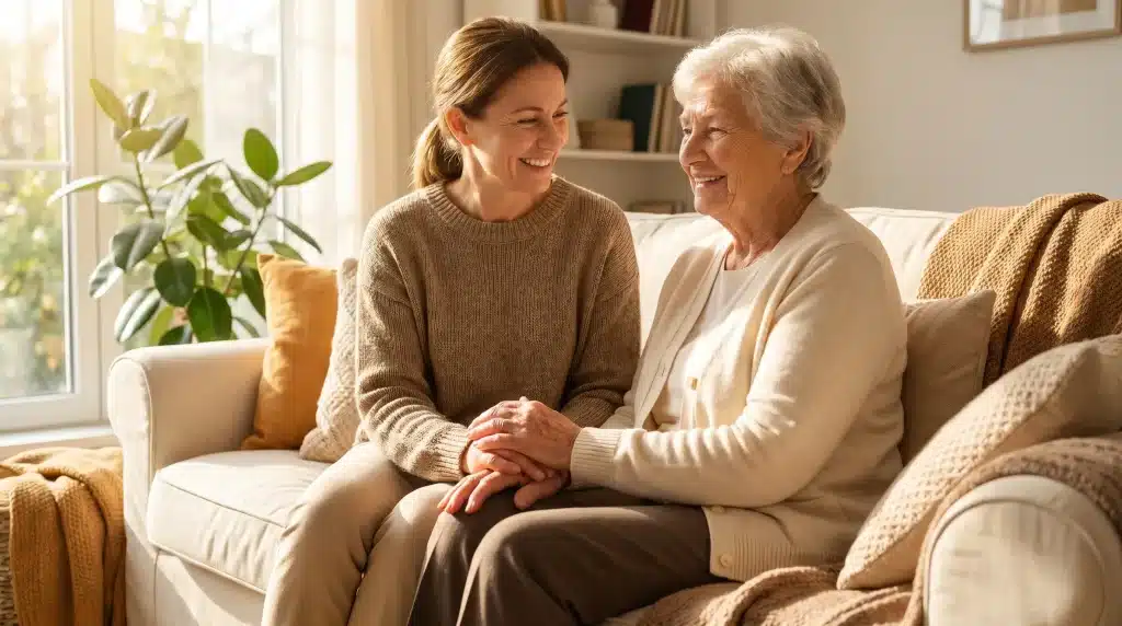 Woman and elderly lady smiling on beige sofa in sunlit living room with plants