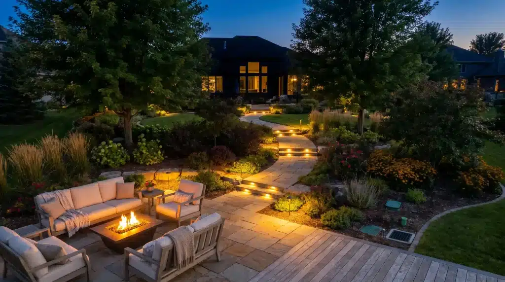 Outdoor patio with cozy seating around a fire pit, illuminated garden path at dusk