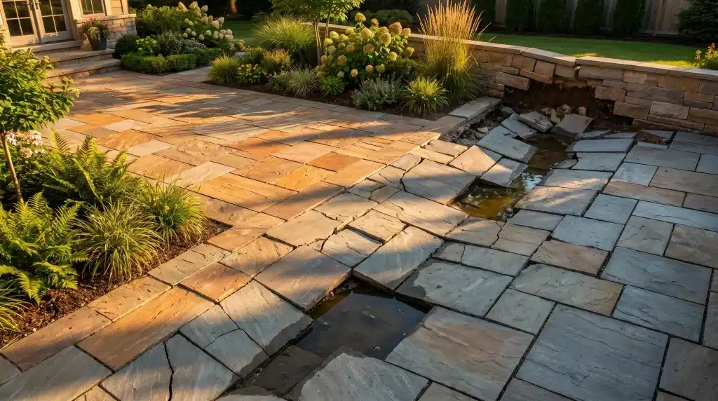 Sunlit patio with stone tiles and garden plants, showing a section with cracked pavement and water pooling