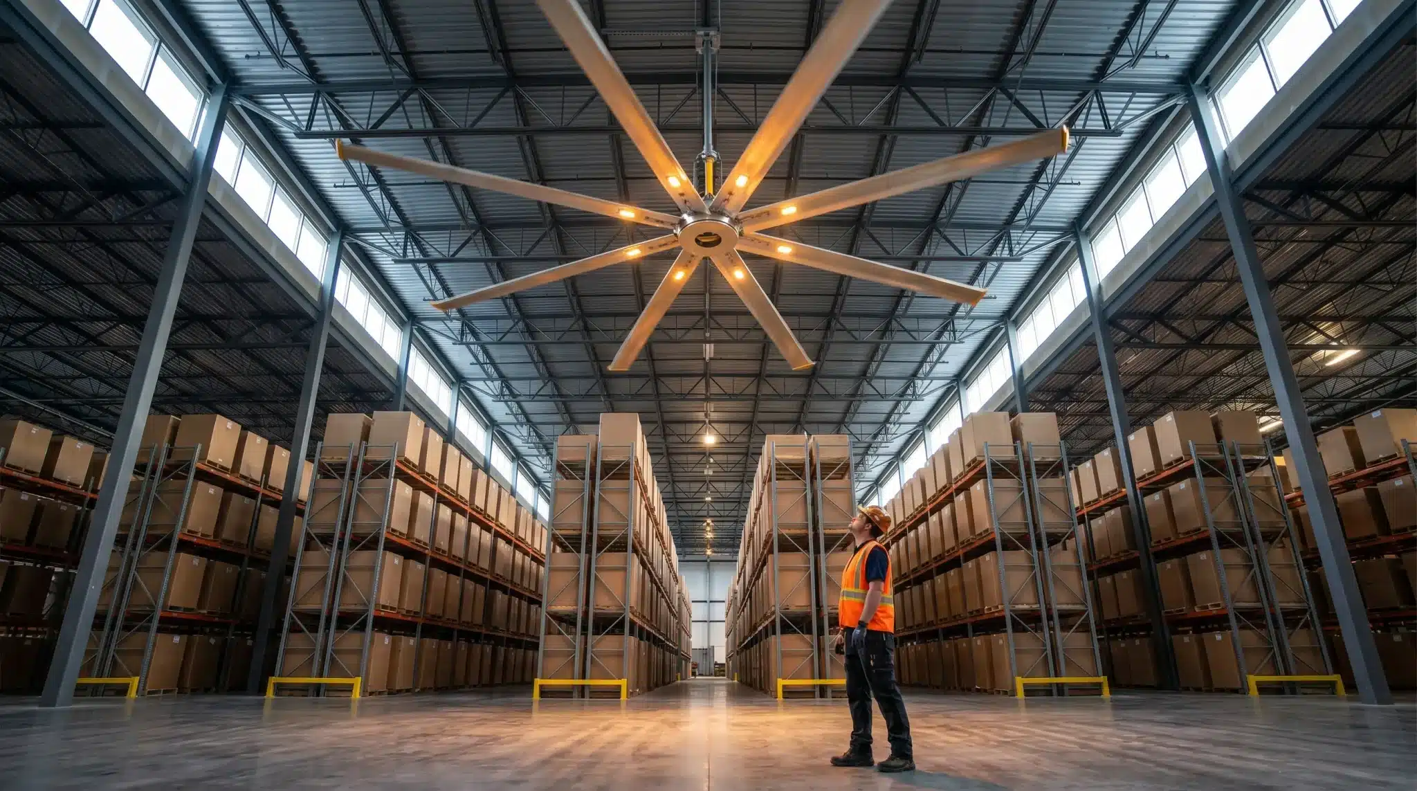 Worker in orange vest observing large ceiling fan in spacious warehouse with stacked boxes