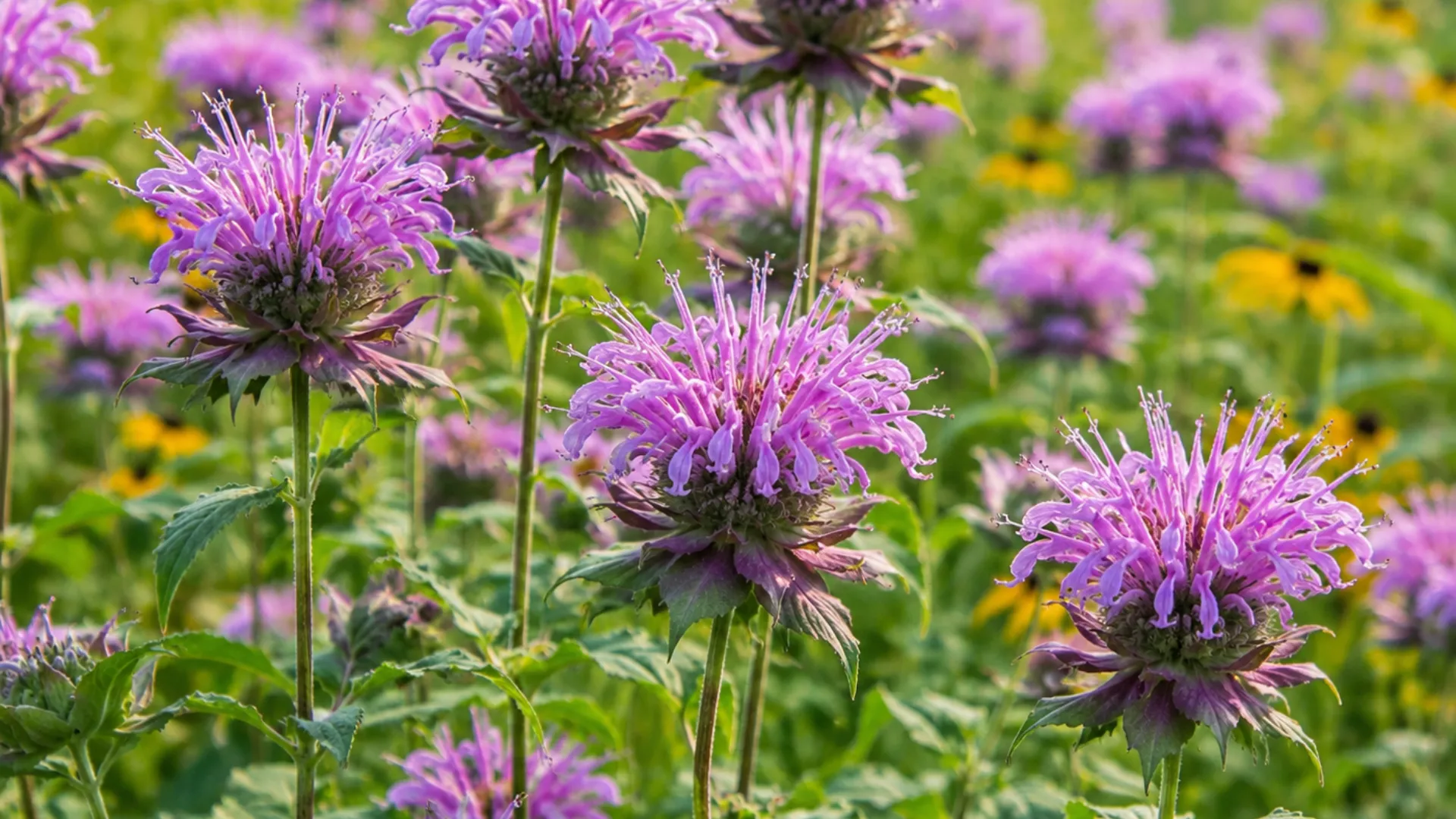 A close-up of vibrant purple Bee Balm flowers blooming amidst a field of green foliage and scattered yellow Black-eyed Susans.