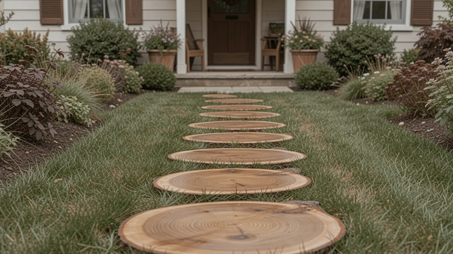 Wooden stepping stones lead through a grass path to a house entrance, flanked by lush bushes and potted plants