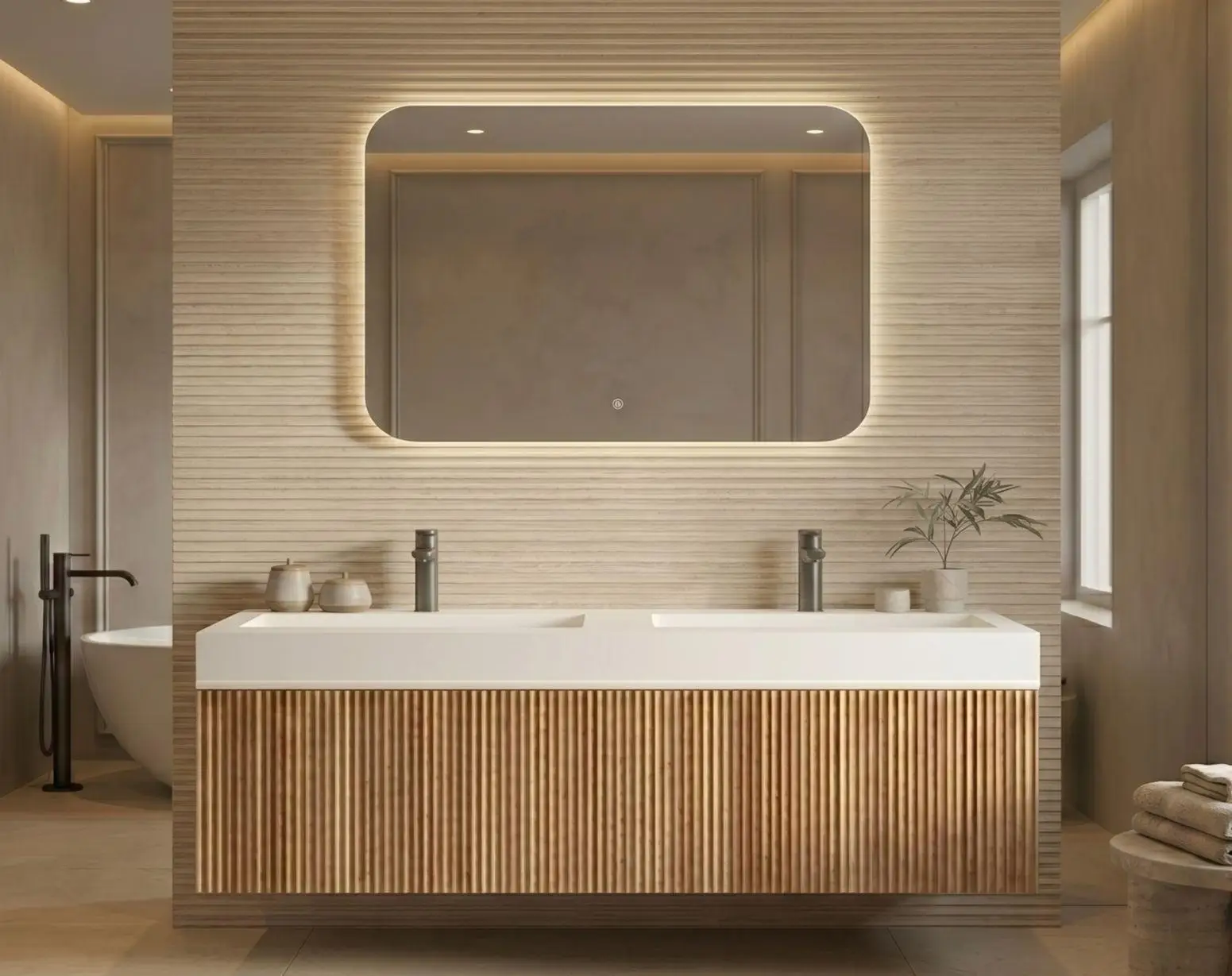 Modern bathroom with wooden ribbed vanity, large mirror, and minimalist decor in warm lighting