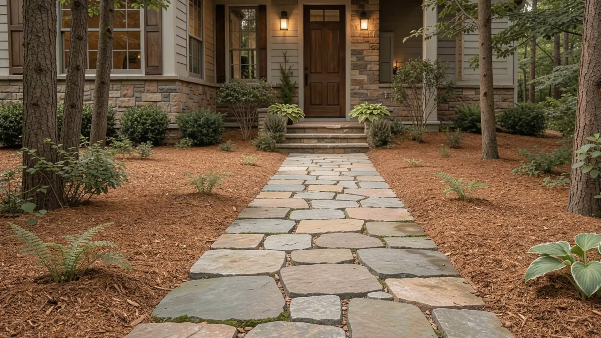 Irregular woodland style walkway leading through a mulched yard with surrounding trees and shrubs toward a home entrance