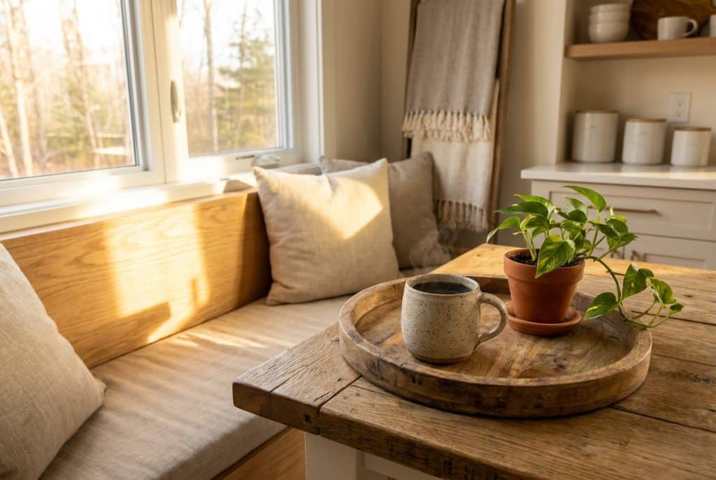 sunlit cozy nook with cushions, a plant, and a coffee mug.