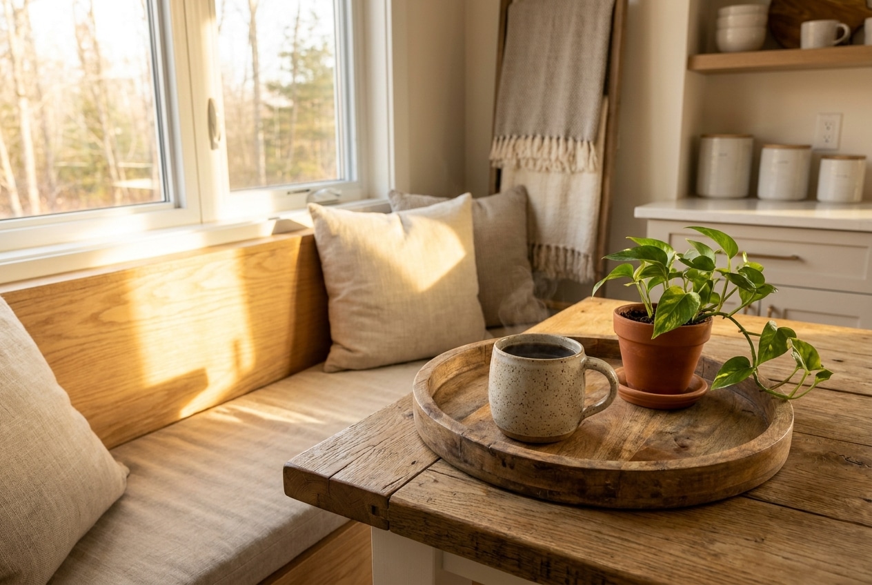 sunlit cozy nook with cushions, a plant, and a coffee mug.