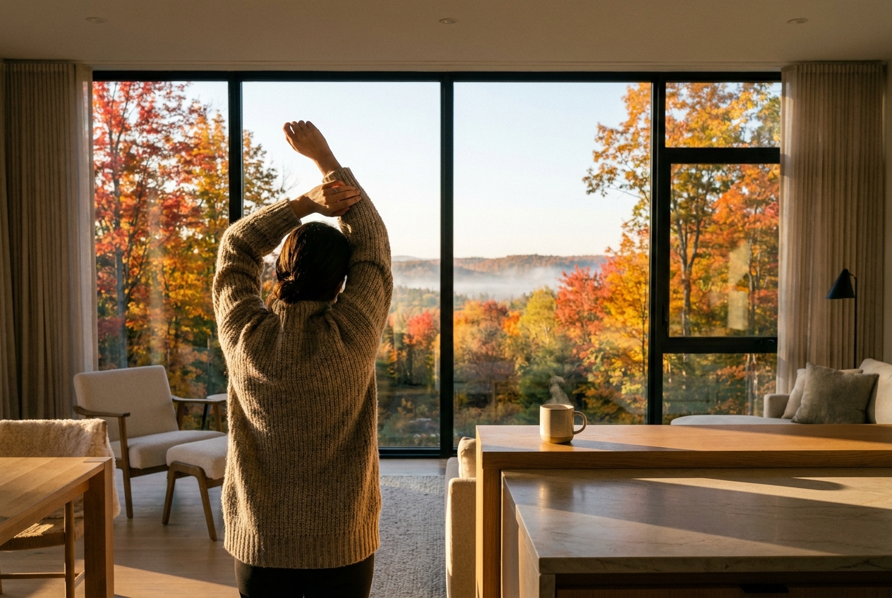 A person stretching with autumn scenery through large windows.
