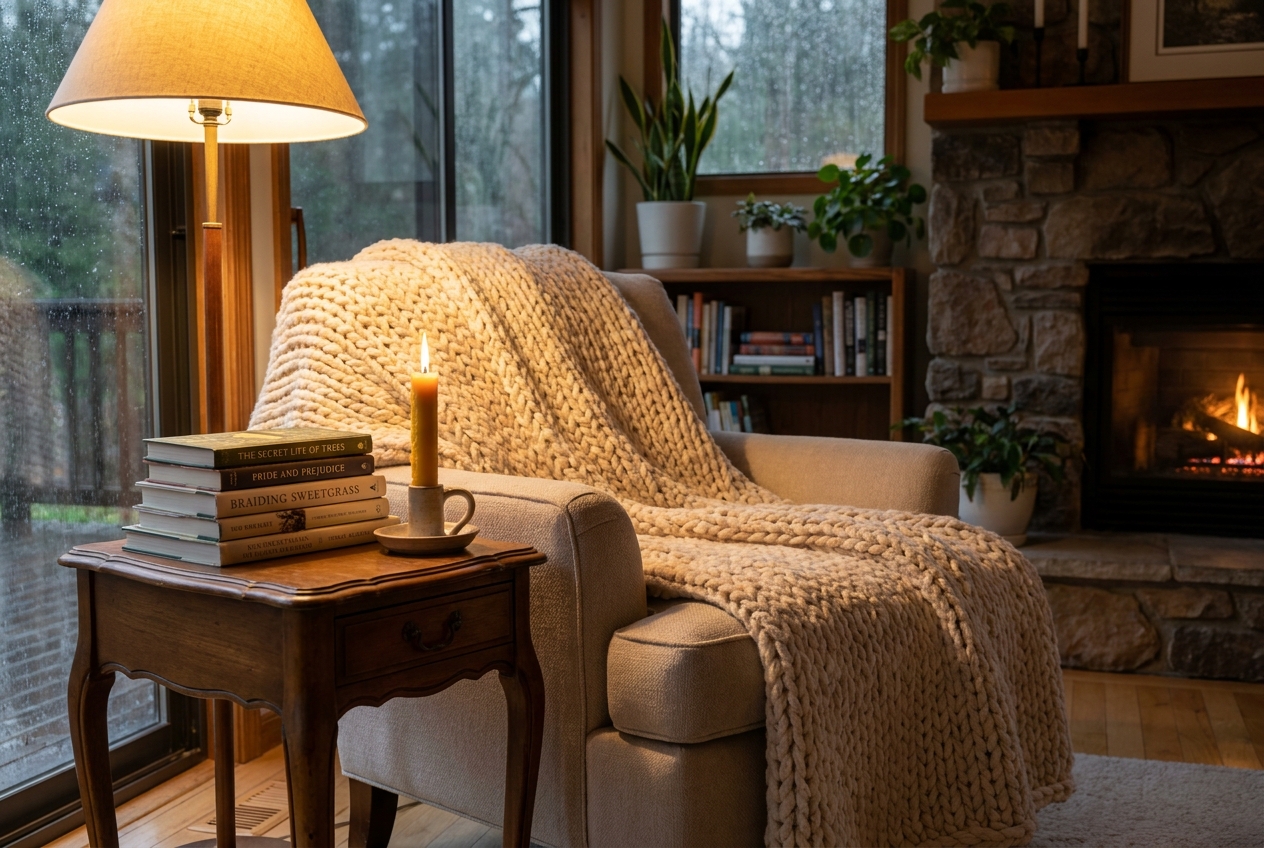 cozy reading nook with a knit blanket and candlelight.