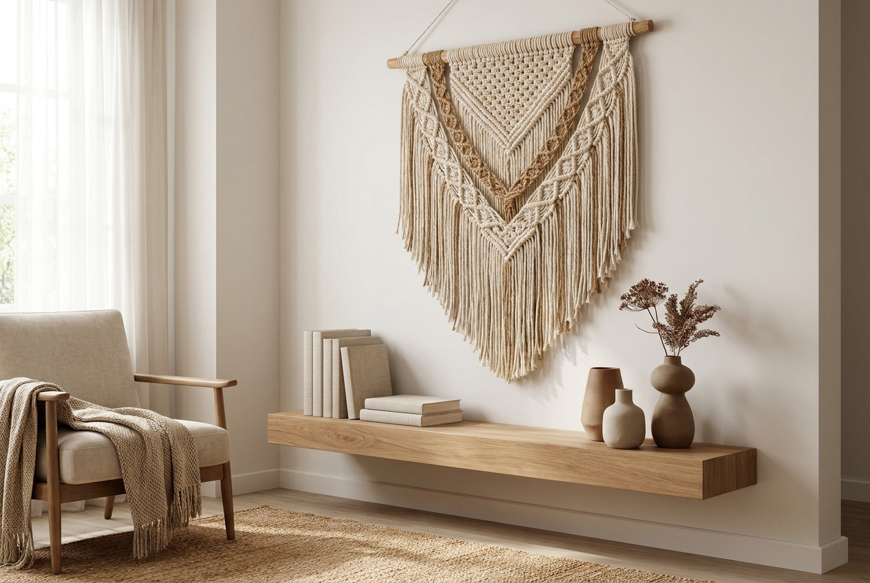 Cozy interior with macramé wall hanging and minimalist decor.