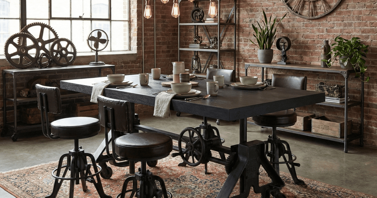 Industrial steampunk dining room with brick walls.