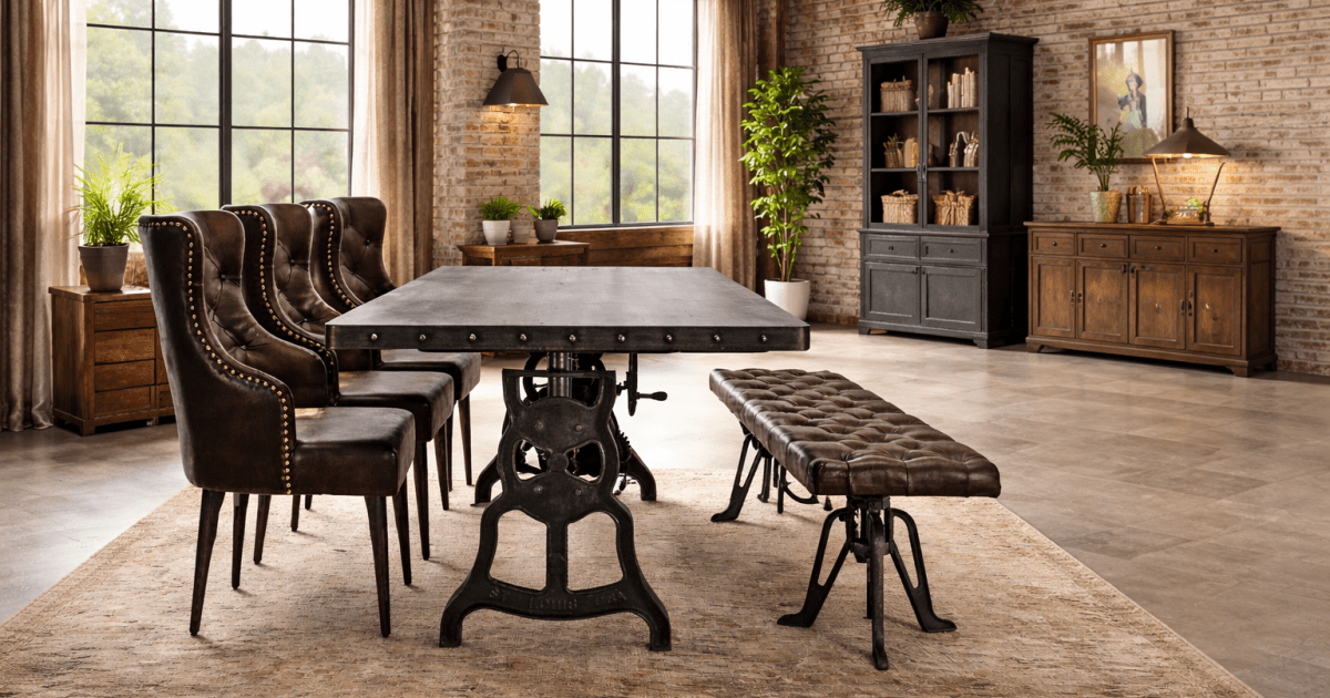 Industrial dining room with leather seating.