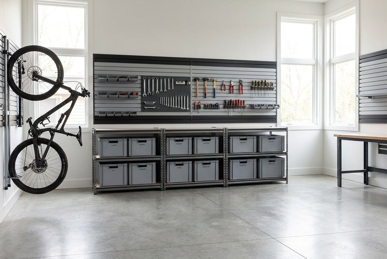An organized garage with a bike, tools, and storage bins neatly arranged.
