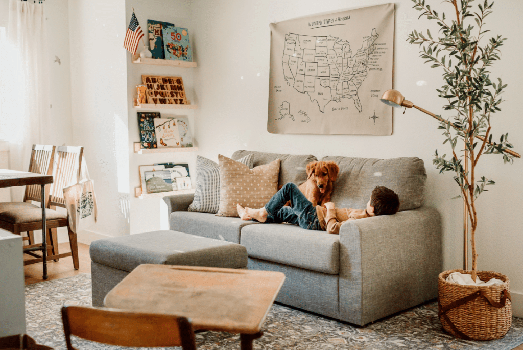Child playing with a dog on a cozy couch.