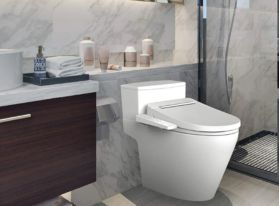 Modern smart toilet in marble bathroom.