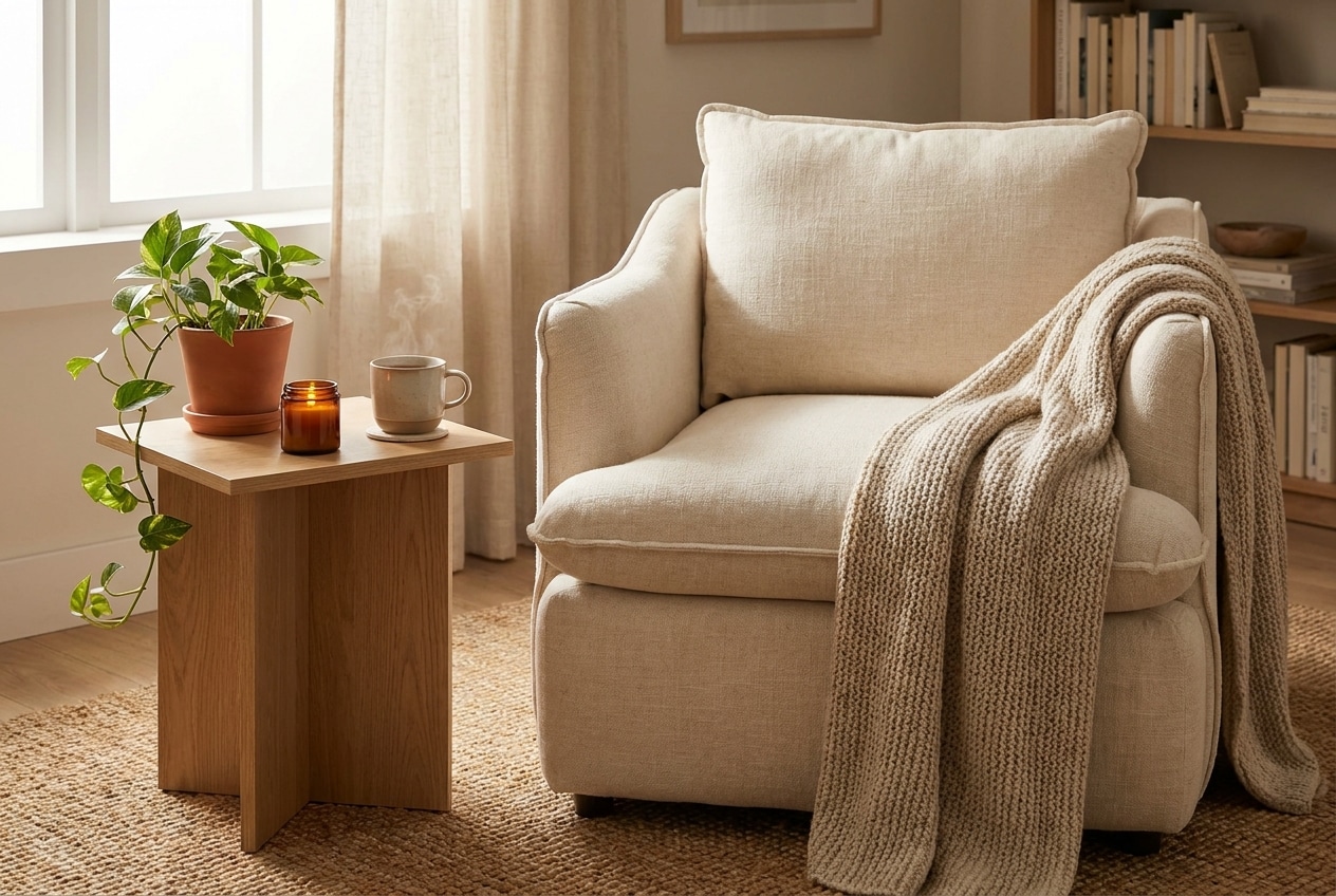 Cozy beige armchair with a knitted blanket and side table.